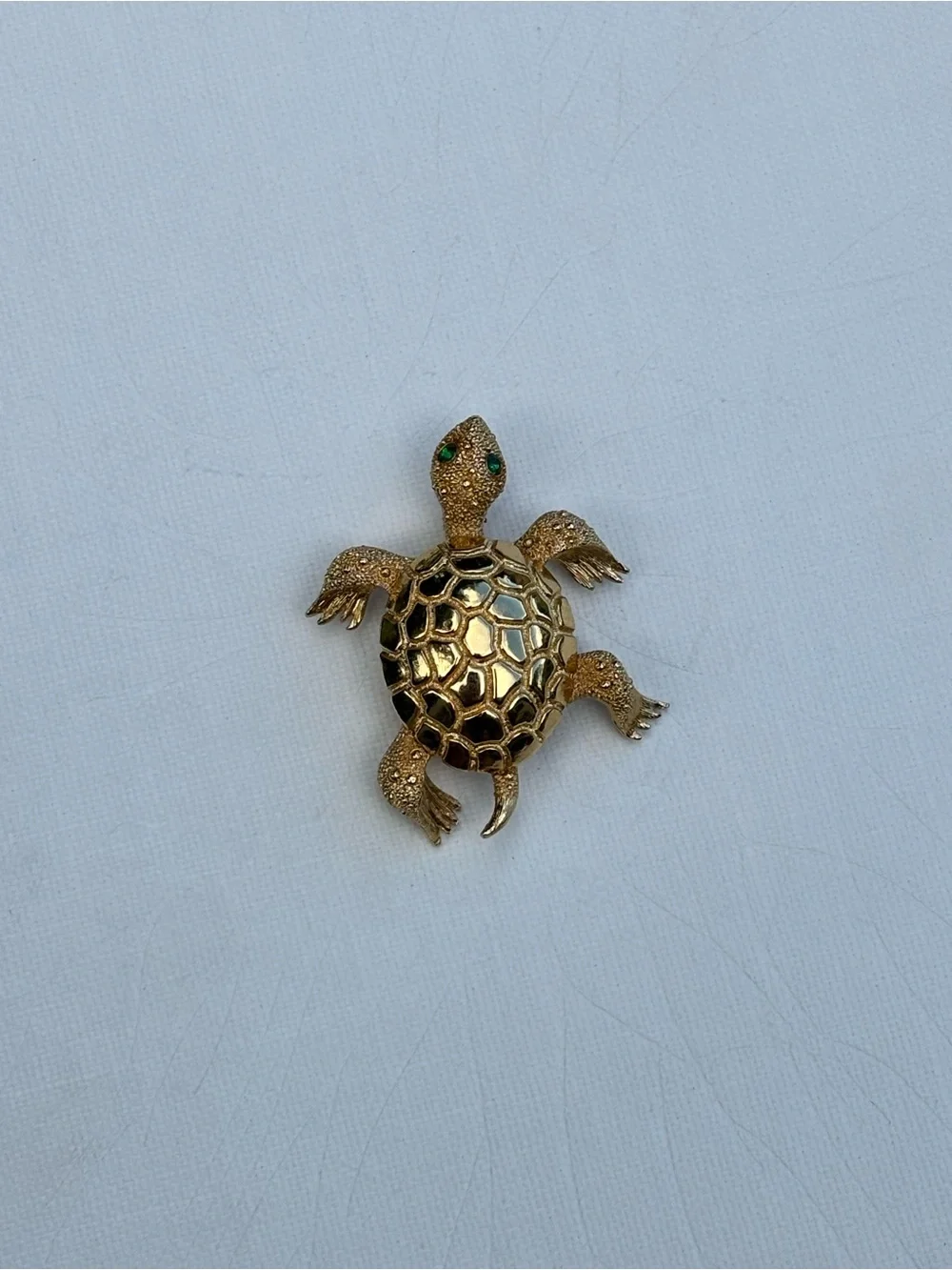 Monet Gold Turtle Brooch with Green Stone Eyes
